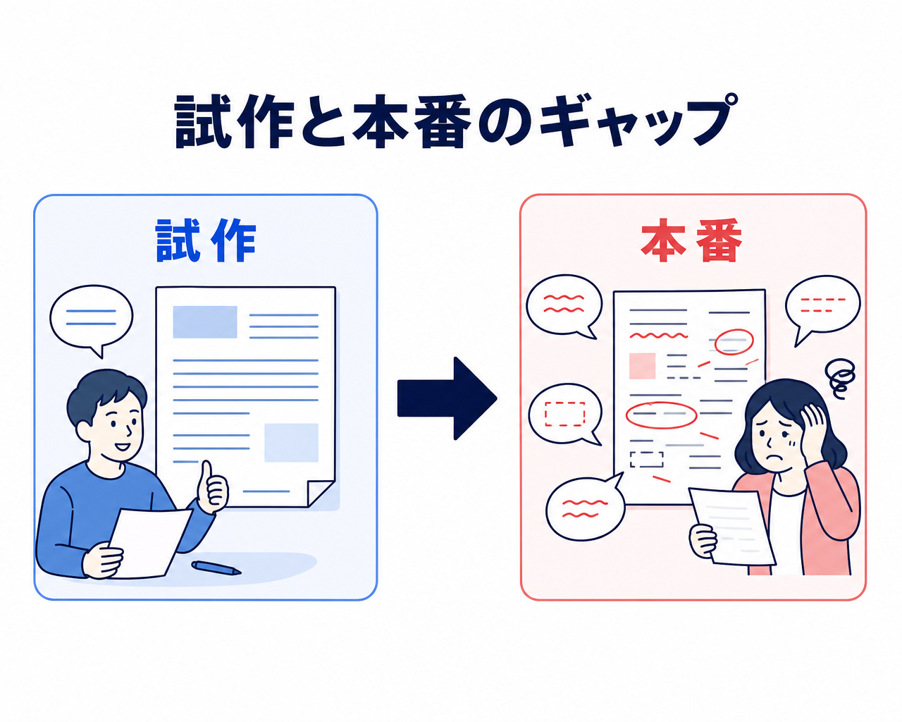 AIエージェントの試作と本番のギャップを示す比較図。左は整った文書を前に制作者が順調に確認する試作、右は誤りや複数の問い合わせを含む文書を前に実務担当者が困る本番の状態を対比する