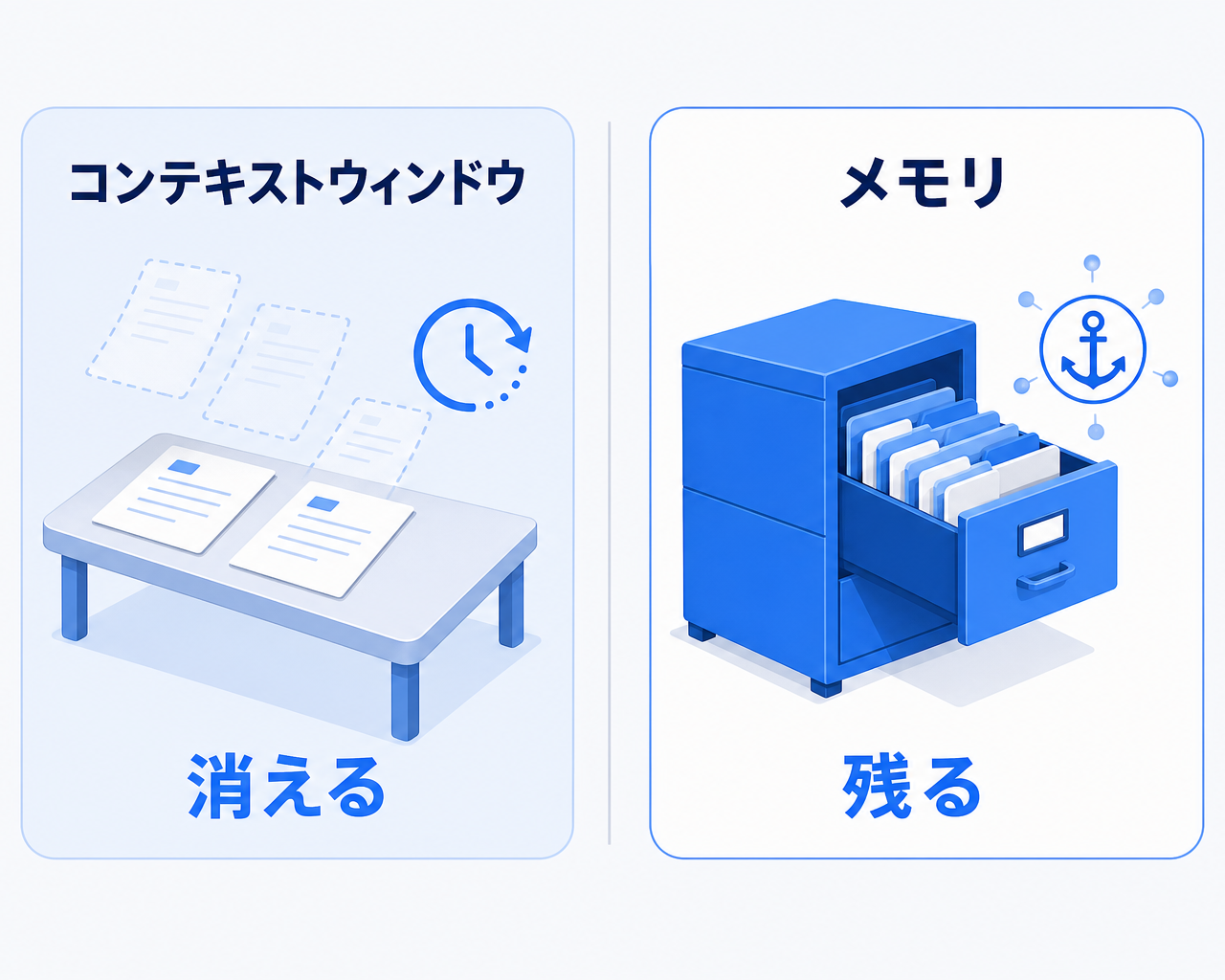 コンテキストウィンドウとメモリの対比。左は今の会話の中だけで使われ終了とともに消える作業スペース、右はセッションをまたいで保持され次の会話に引き継がれる記憶を示す比較図