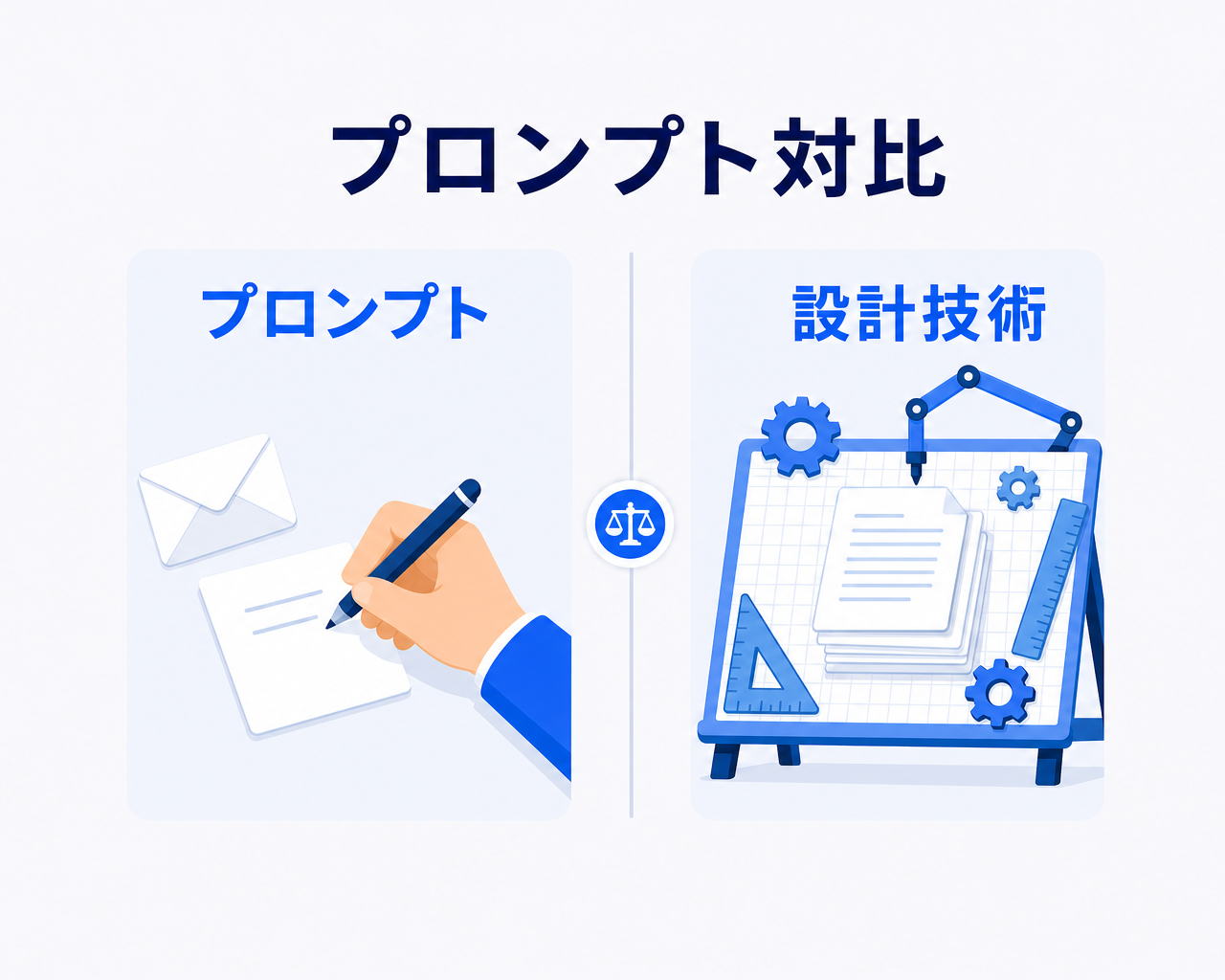 プロンプトとプロンプトエンジニアリングの関係を示す対比図。左側に1回ごとの指示文であるプロンプト、右側に指示文を設計・改善・最適化する営みであるプロンプトエンジニアリングを並べ、両者が別のレイヤーであることを示す