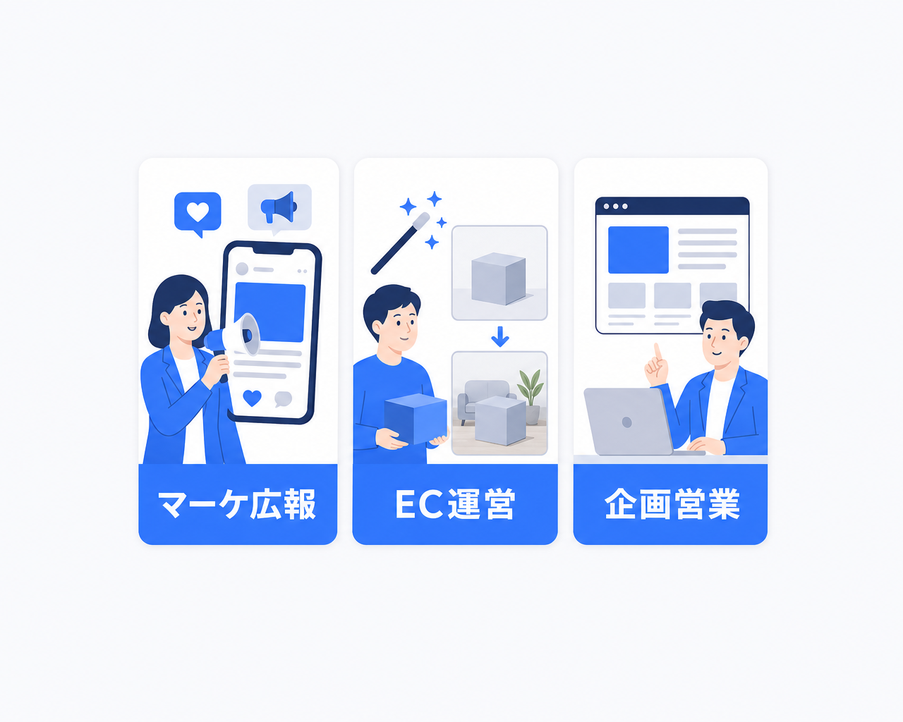 Nano Bananaの用途別ユースケースを示すペルソナカード。マーケティング広報担当はSNSや広告ビジュアルの量産、EC運営担当は商品写真の背景差し替え、企画営業担当は資料やブログのアイキャッチ内製という3つの使いどころをカード形式で示す
